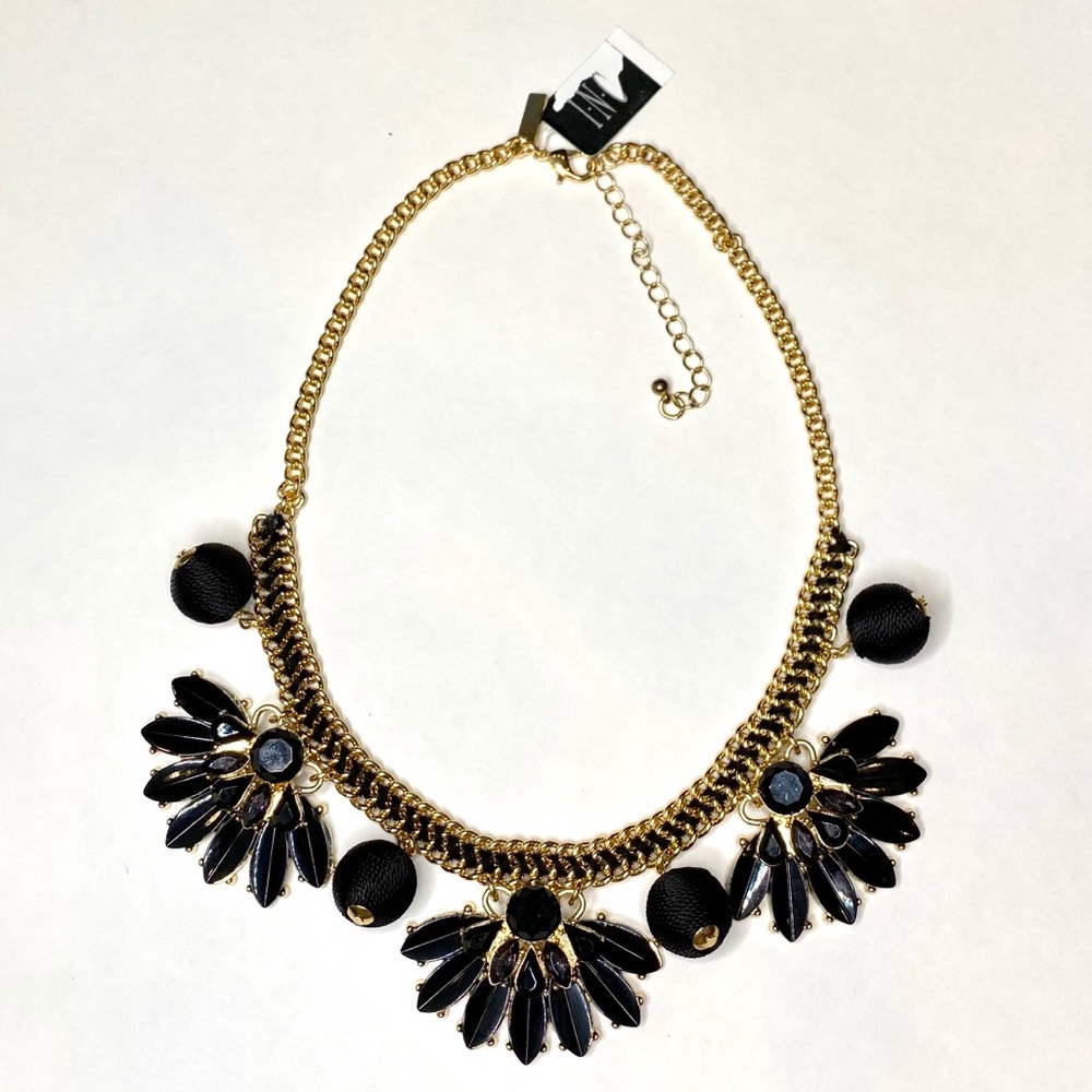 INC Statement Necklace Gold w/ Black Rhinestones